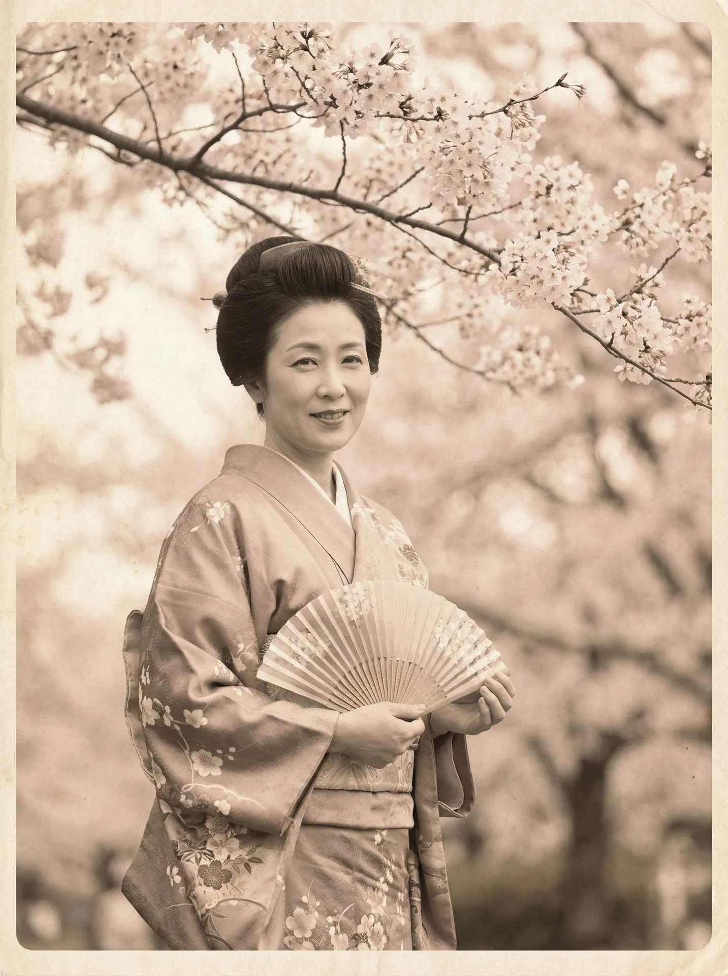 一位持扇的优雅 AY体育平台 在樱花树下的复古写真